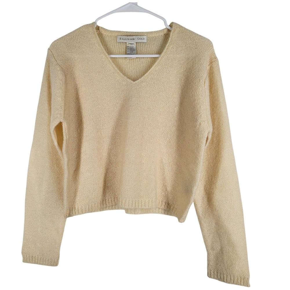 Vintage Ballinger Gold Cream V Neck Long Sleeve Knit Sweater Crop Womens Large